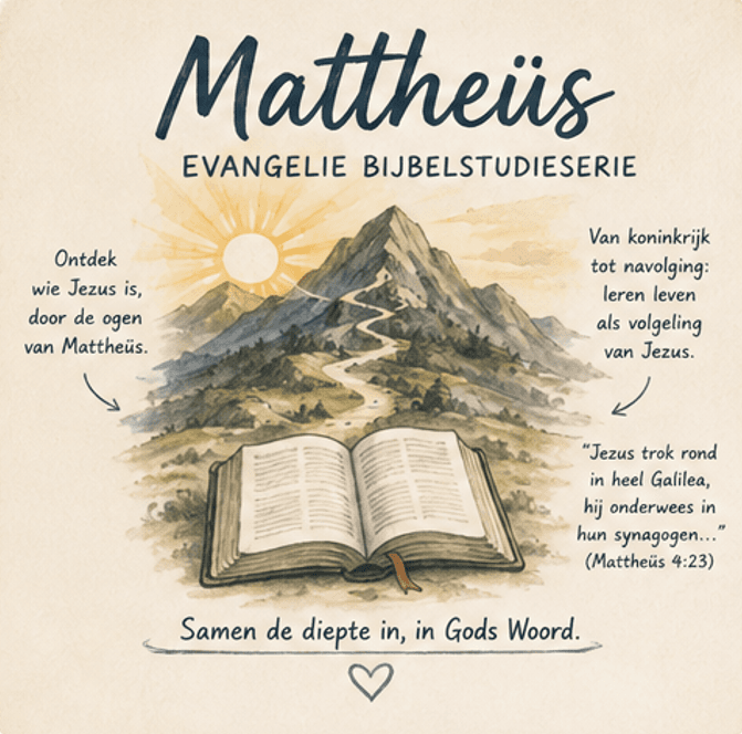 Affiche van de Bijbelstudieserie over het evangelie van Mattheüs. Een pad slingert een berg op, met de zon erachter en een open Bijbel op de voorgrond. Tekst op het affiche: Ontdek wie Jezus is, door de ogen van Mattheüs. Van koninkrijk tot navolging: leren leven als volgeling van Jezus. "Jezus trok rond in heel Galilea, hij onderwees in hun synagogen…" (Mattheüs 4:23). Samen de diepte in, in Gods Woord.