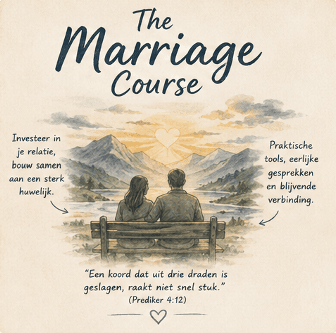 Affiche van The Marriage Course: een stel op een bankje kijkt uit over een meer en bergen bij zonsondergang. Tekst op het affiche: Investeer in je relatie, bouw samen aan een sterk huwelijk. Praktische tools, eerlijke gesprekken en blijvende verbinding. "Een koord dat uit drie draden is geslagen, raakt niet snel stuk." (Prediker 4:12)